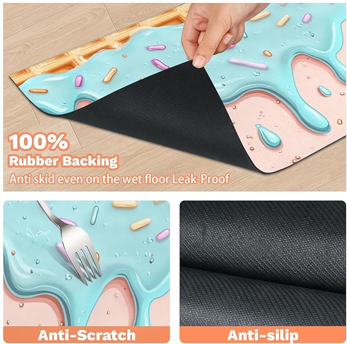 Teal Ice Cream Dog Food Mat for Floors Absorbent Dog Bowl Mat for Food and Water Dispenser Quick Dry Cat Food Placemat Pet Supplies 12" x 20", Waffle
