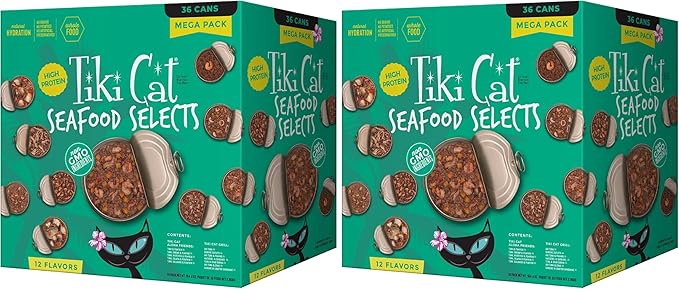 Tiki Cat Seafood Selects, Ultimate Variety Pack, 36 High Protein Servings with Real Flaked Fish, Wet Cat Food Mega Pack, 2.8 and 3 oz. Cans (Pack of 72)