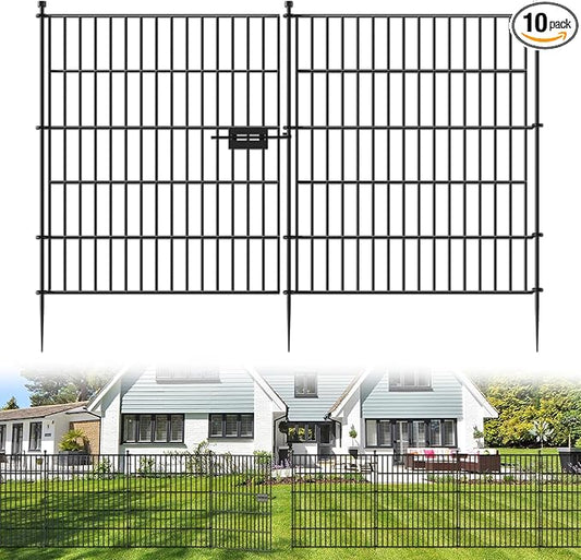 10 Panels No Dig Decorative Outdoor Garden Fence with Gate for Yard, 32 in(H) X 23.6 ft(L) Animal Barrier Fencing Rustproof Metal Wire Panel Border for Dog, Rabbits, and Patio Temporary Ground Stakes