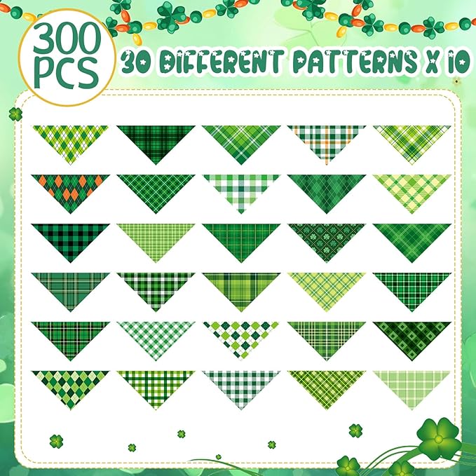 Kacctyen 300 Pcs St. Patrick's Day Plaid Dog Bandanas Bulk Dog Adjustable Cute Washable Triangle Kerchief Scarf Bibs for Small to Medium Pet Seasonal Party Costume Accessories