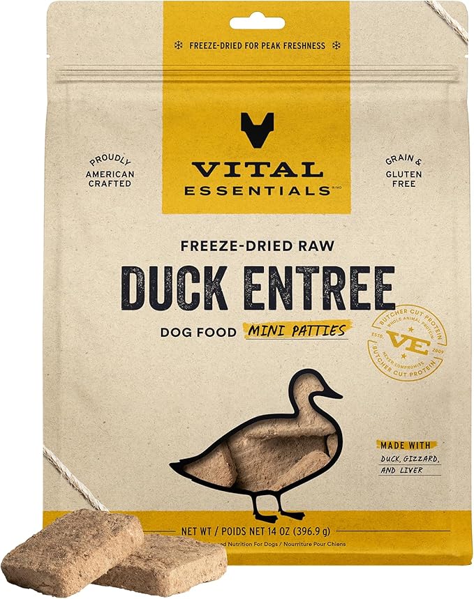 Vital Essentials Freeze Dried Dog Food, Raw Duck Mini Patties | Complete Meal or Topper | High Protein, Grain Free Dry Dog Food | 14 oz Bag
