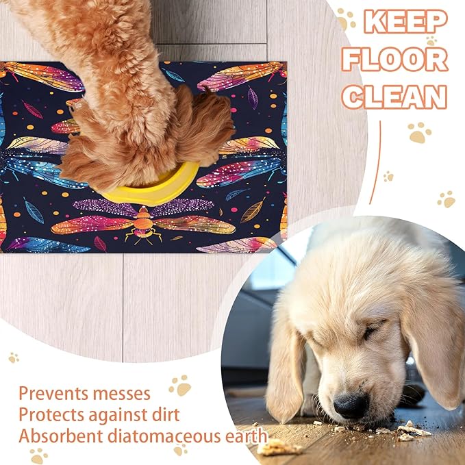 Watercolor Dragonfly Dog Food Mat for Floors Absorbent, Quick Dry Water Dispenser Mat for Food, Water, Pet Supplies 12" x 20",