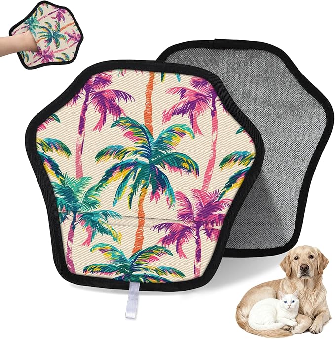 Reusable Pet Hair Removal Glove Tropical Coconut Trees Magic Brush for Cat & Dog Hair Remover for Car, Sofa, Bedding, Clothes - 9x9 Mitt Washable
