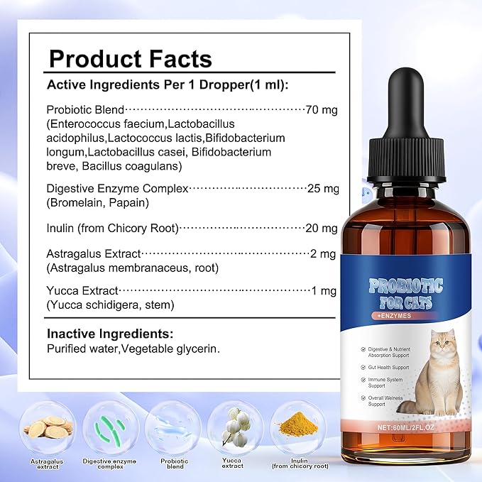 Cat Probiotics for Digestive Support - 60ml Probiotic for Cats with Digestive Enzymes & Prebiotics Supports Gut Health, Immune System