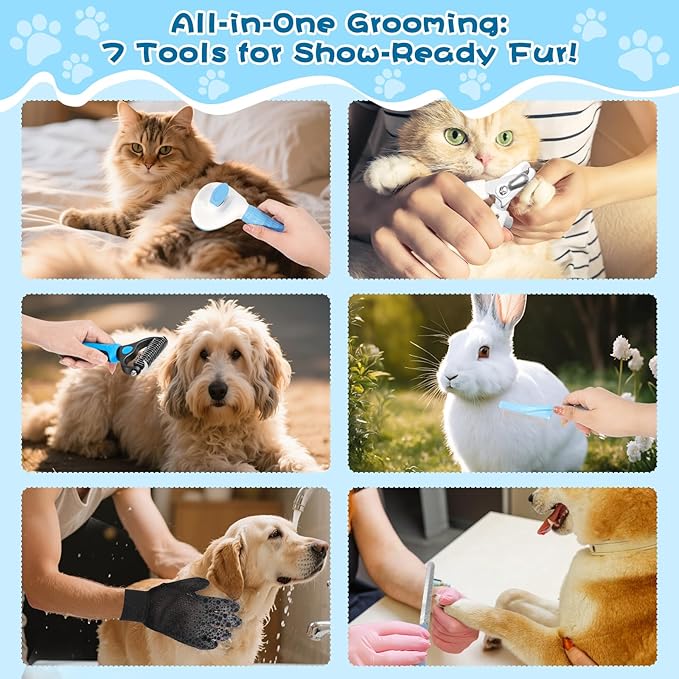 7-in-1 Pet Grooming Kit–Cat Brush,Dog Brush for Shedding,Double-Sided Flea Comb,Dog Nail Trimmers,Dog Bath Supplies–for All Cat and Small/Large Dog Shedding（Blue