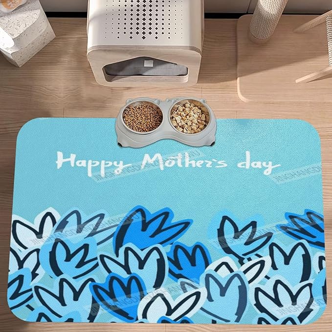 Pet Feeding Mat Happy Mother's Day Floral Gift Mom Blue Heart Dog Food Mat for Food Water No Stains Quick Dry Dispenser Cat Bowl Mats for Messy Drinkers 18X12In