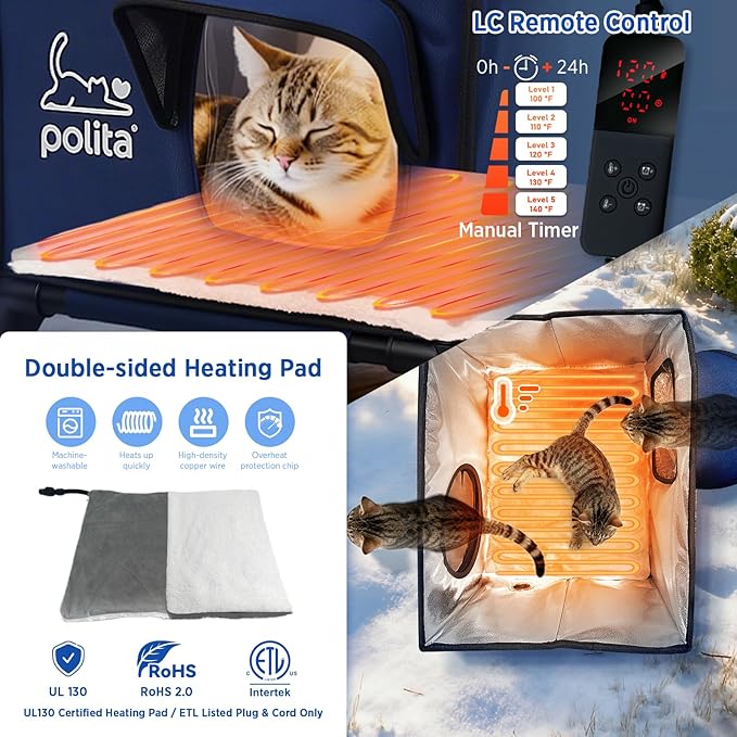 Polita Indestructible Heated Cat House for Outdoor Cats All Seasons, Extremely Insulated & 100% Weatherproof, Elevated Feral Cat Shelter with Waterproof Eaves &Safe Escape Door for Stray & Barn Cats