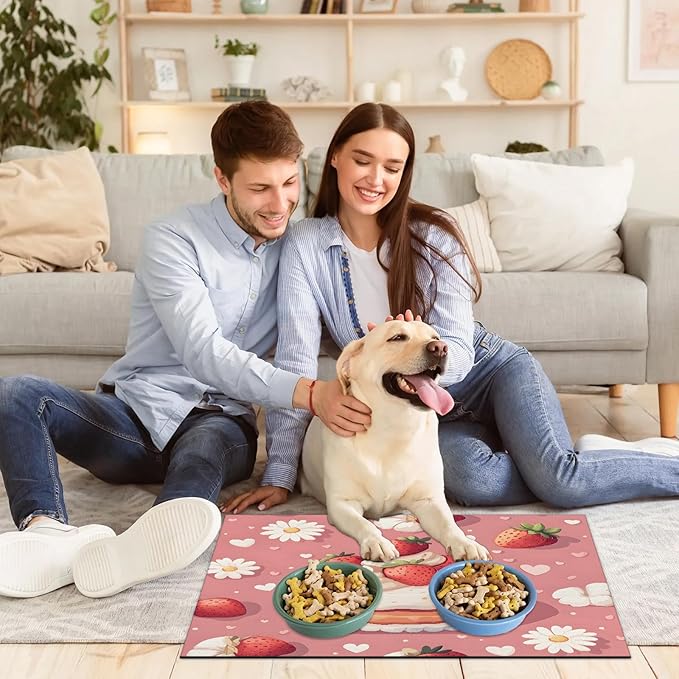 Strawberry Cake Dog Food Mat for Floors Absorbent Dog Bowl Mat for Food and Water Dispenser Quick Dry Cat Food Placemat Pet Supplies 16" x 24", Daisy Flower