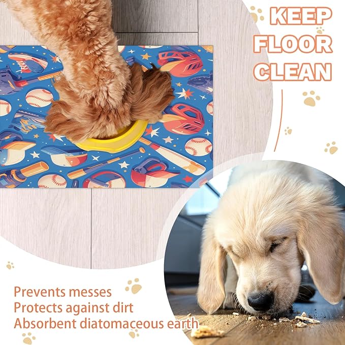 Baseball Dog Food Mat for Floors Absorbent, Quick Dry Water Dispenser Mat for Food, Water, Pet Supplies 24" x 32", Sport