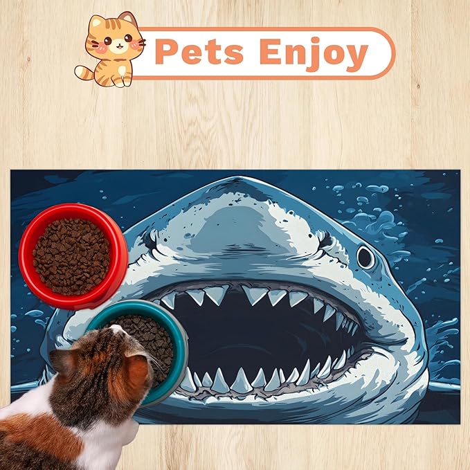 Cool Shark Dog Food Mat for Floors Absorbent Dog Bowl Mat for Food and Water Dispenser Quick Dry Cat Food Placemat Pet Supplies 12" x 20", Ocean Fish