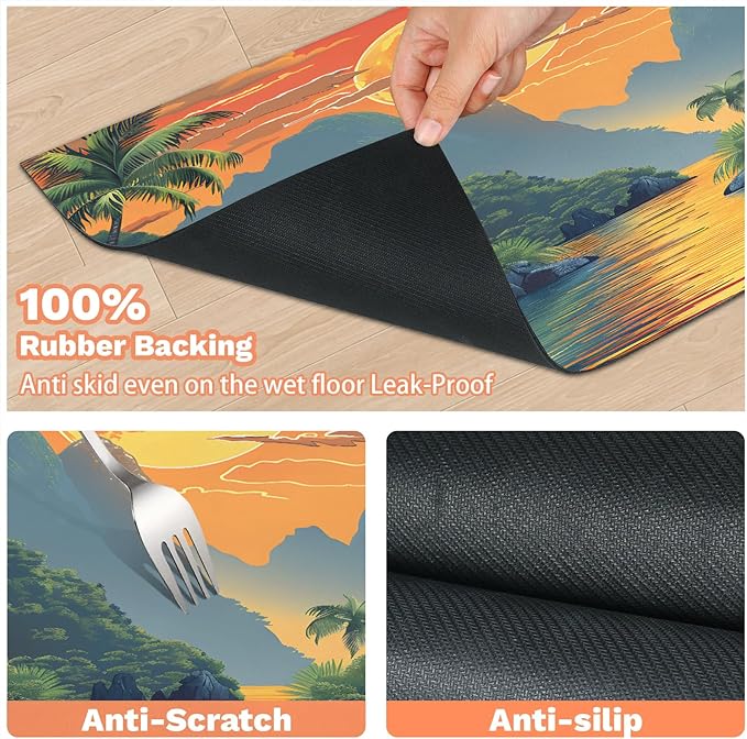 Sea Mountain Dog Food Mat for Floors Absorbent, Quick Dry Water Dispenser Mat for Food, Water, Pet Supplies 12" x 20", Palm Tree