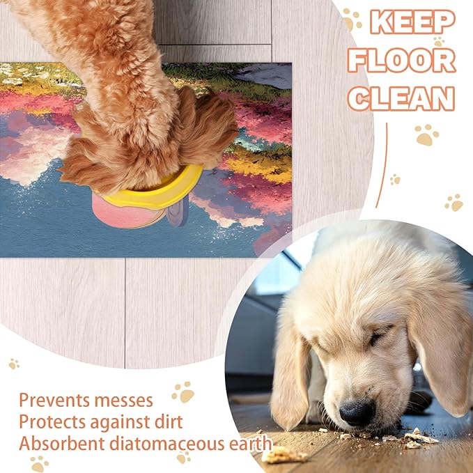 Cloud Door Dog Food Mat for Floors Absorbent, Quick Dry Water Dispenser Mat for Food, Water, Pet Supplies 17" x 30", Colorful Flower