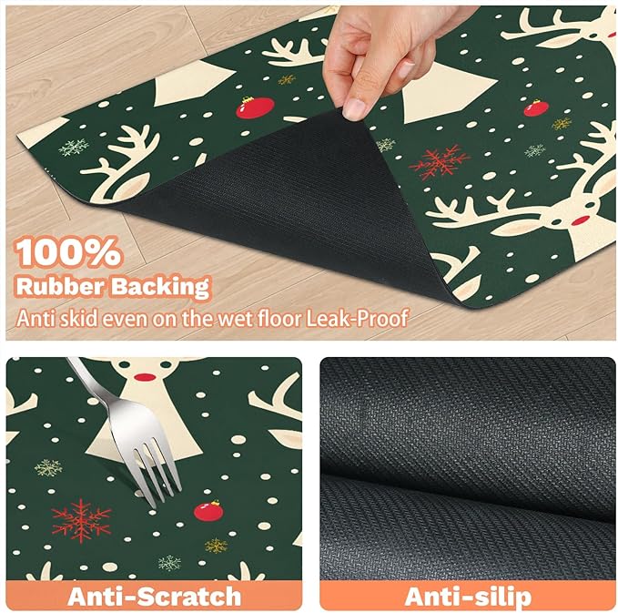 Christmas Deer Dog Food Mat for Floors Absorbent, Quick Dry Water Dispenser Mat for Food, Water, Pet Supplies 17" x 30", Winter Snowflake