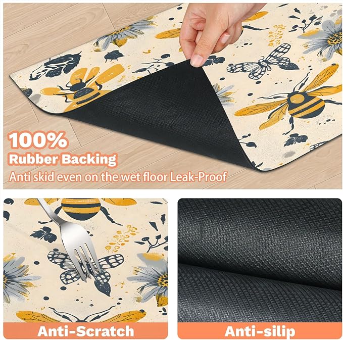 Boho Bee Dog Food Mat for Floors Absorbent, Quick Dry Water Dispenser Mat for Food, Water, Pet Supplies 16" x 24", Vintage Daisy