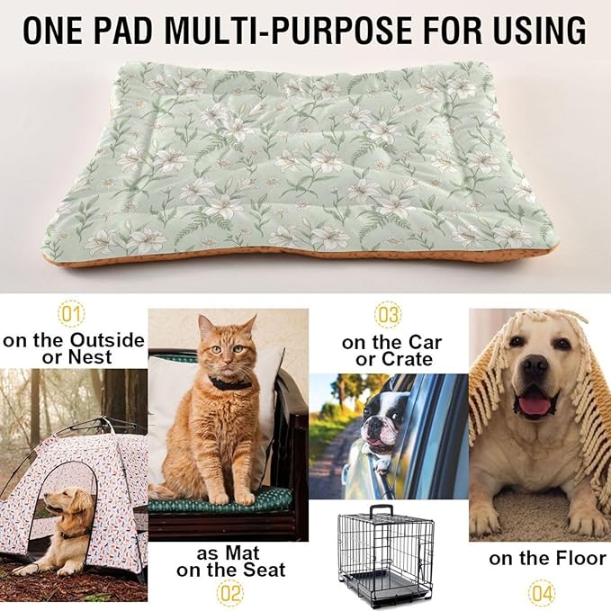 Dog Bed for Crate Washable Pet Sleep Pad, Floral Print Kennel Mat with Non-Slip Bottom, Soft Fluffy Supplies Pet for Dogs and Cats (36x24 inch)