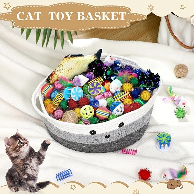 Zopeal 58 Pcs Easter Cat Storage Basket Gift Toys Set, Colorful Flashing Balls Pet Bell Crinkle Balls Spring Toys Attract Cat to Swat, Hunt, Interactive for Pet(Multicolor,12 Inch)