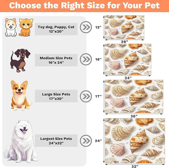 Ocean Theme Dog Food Mat for Floors Absorbent Dog Bowl Mat for Food and Water Dispenser Quick Dry Cat Food Placemat Pet Supplies 17" x 30", Seashell Beach