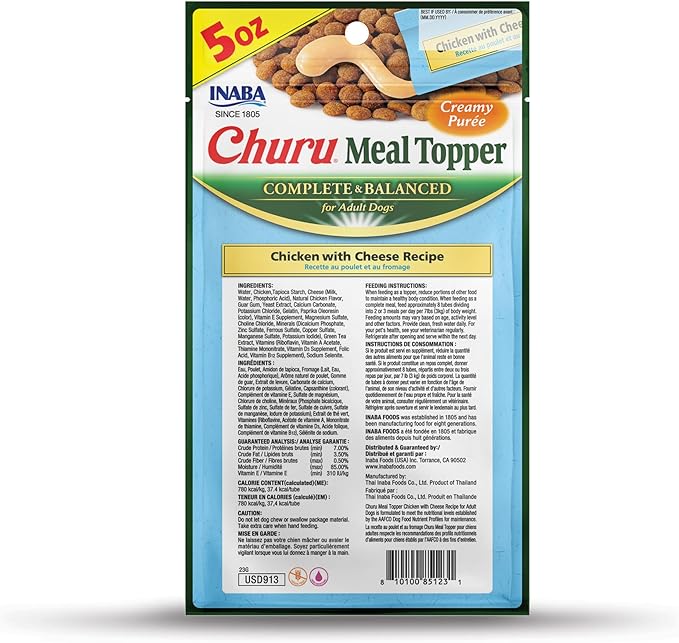 INABA Churu Meal Topper for Dogs, Complete & Balanced, Creamy, Lickable Purée Dog Food Toppers, 1.69 Ounce Tube, 18 Tubes (3 per Pack), Chicken with Cheese Recipe
