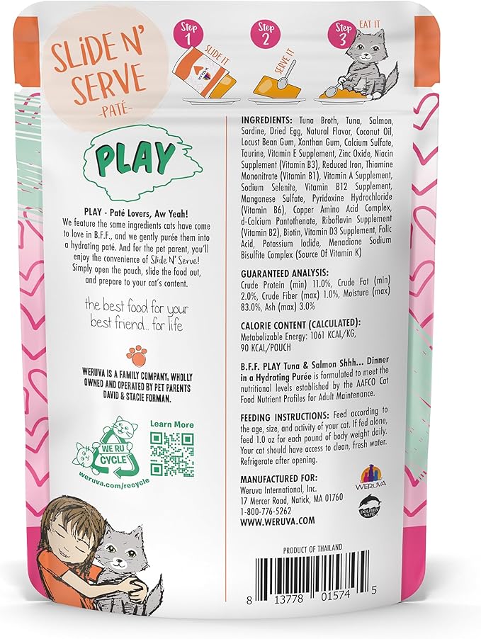 Weruva B.F.F. Play - Best Feline Friend Paté Lovers, Aw Yeah!, Tuna & Salmon Shhh... with Tuna & Salmon, 3oz Pouch (Pack of 12)