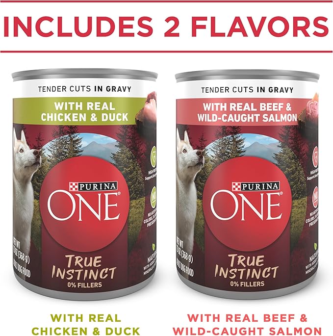Purina ONE True Instinct Tender Cuts in Gravy with Real Chicken and Duck, with Real Beef and Salmon High Protein Wet Dog Food Variety Pack - (Pack of 1) 13 oz. Cans