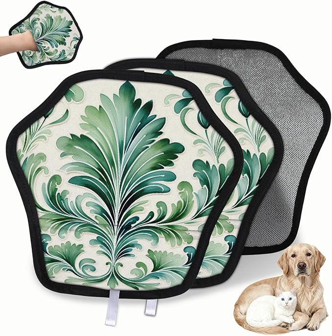 Green Floral Print Electrostatic Pet Hair Removal Glove for Cats & Dogs - Reusable Grooming Mitt for Couch, Carpet, Car Seat & Laundry - Large 9x9 Inch