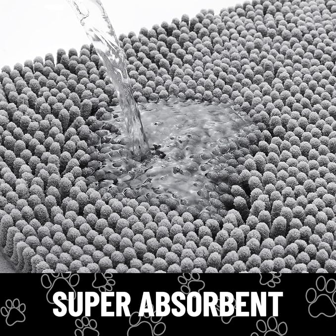 Smiry Dog Door Mat for Muddy Paws, Absorbent Dirt Trapper Non Slip Quick Dry Washable Chenille Mat for Mud Dogs, Entry Rug for Indoor and Outdoor (45x27 Inches, Grey and Black)