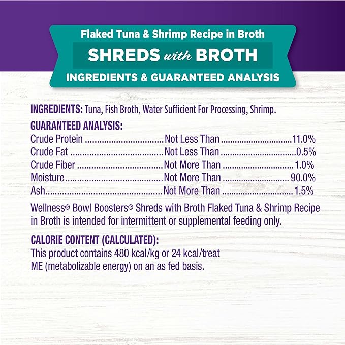 Wellness Bowl Boosters Wet Cat Food Topper, Grain Free, Natural, Flaked Tuna & Shrimp Recipe in Broth, 1.75 Ounce Pouch (Pack of 12)