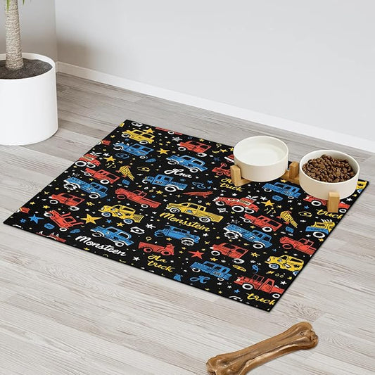 Cool Car Dog Food Mat for Floors Absorbent, Quick Dry Water Dispenser Mat for Food, Water, Pet Supplies 24" x 32", Cute Car