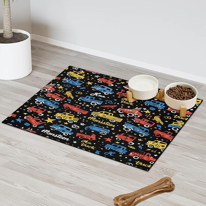 Cool Car Dog Food Mat for Floors Absorbent, Quick Dry Water Dispenser Mat for Food, Water, Pet Supplies 17" x 30", Cute Car