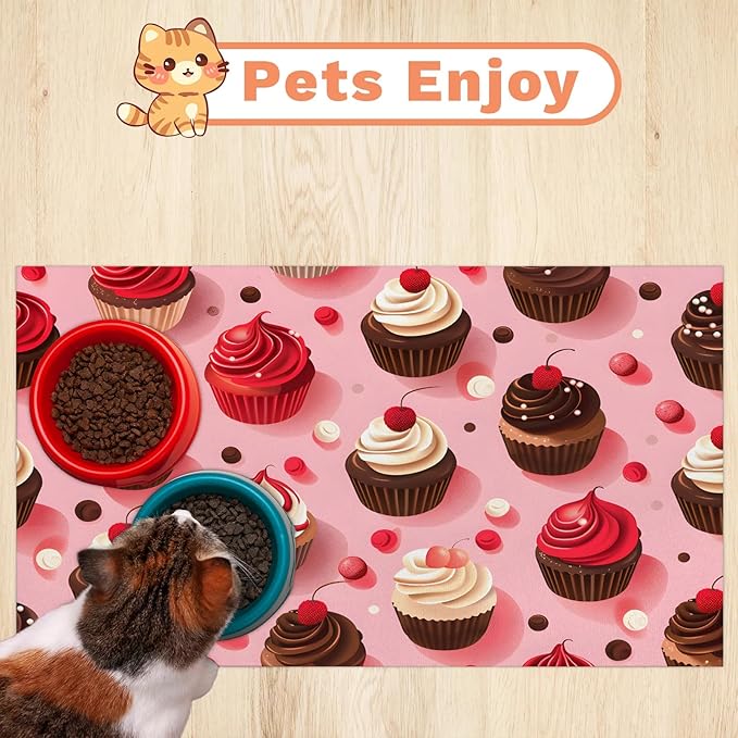 Chocolate Cake Dog Food Mat for Floors Absorbent Dog Bowl Mat for Food and Water Dispenser Quick Dry Cat Food Placemat Pet Supplies 17" x 30", Colorful Polka Dots