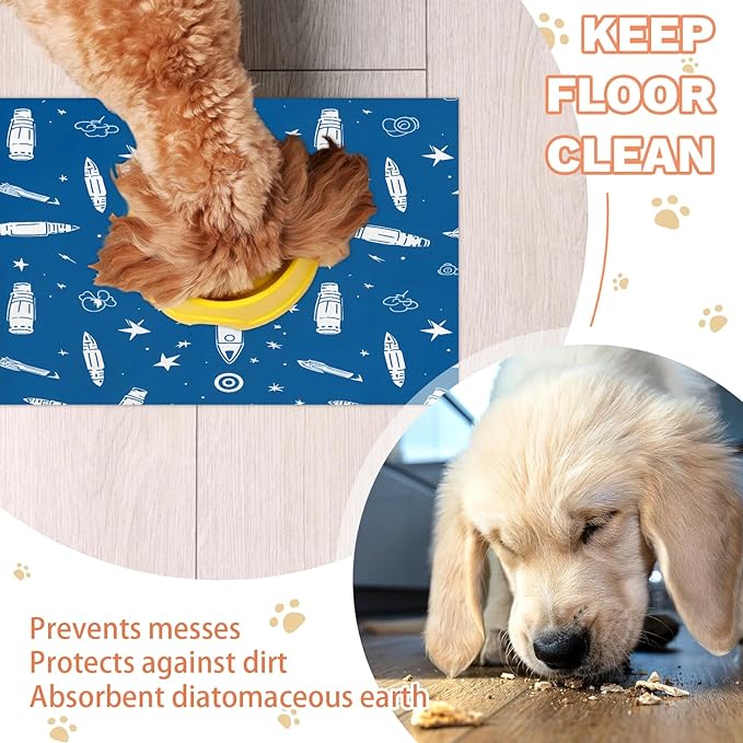 Outer Space Dog Food Mat for Floors Absorbent, Quick Dry Water Dispenser Mat for Food, Water, Pet Supplies 12" x 20", Cartoon Rocket