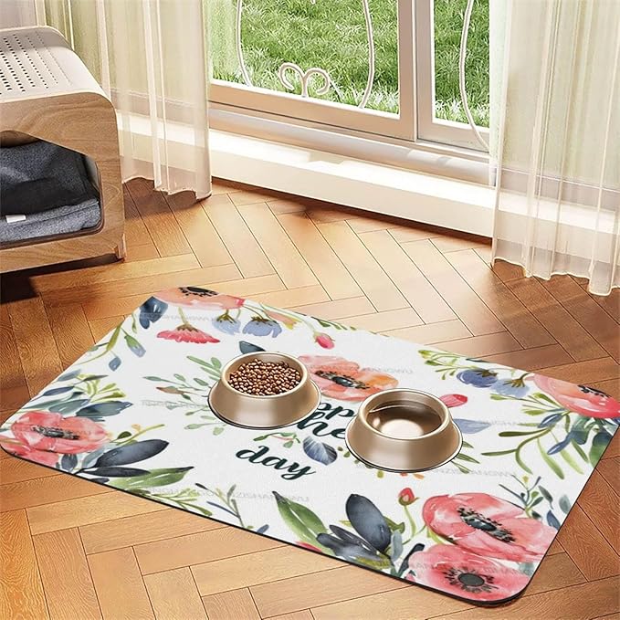 Pet Feeding Mats with Residue Collection Happy Mother's Day Floral Gift for Mom Lj Waterproof Dog Cat Bowl Mat 18X12In with Prevent Water Food Spills