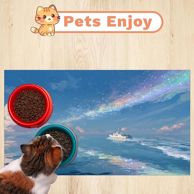 Sea Dog Food Mat for Floors Absorbent, Quick Dry Water Dispenser Mat for Food, Water, Pet Supplies 16" x 24", Rainbow