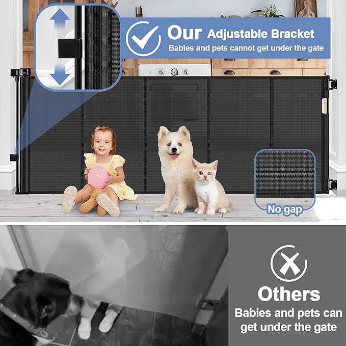 Reinforced Retractable Baby Gates with Support Beam 60" Wide Retractable Dog Gate Indoor Prevent Children and Dogs from Crawling Under Outdoor Dog Gate for Deck Mesh Gates for Kids or Pets, Black