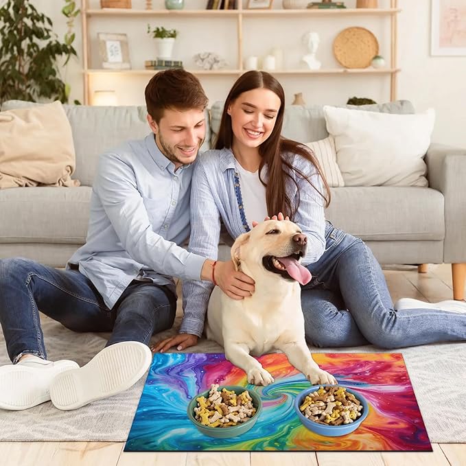 Tie Dye Dog Food Mat for Floors Absorbent, Quick Dry Water Dispenser Mat for Food, Water, Pet Supplies 24" x 32", Boho Colorful