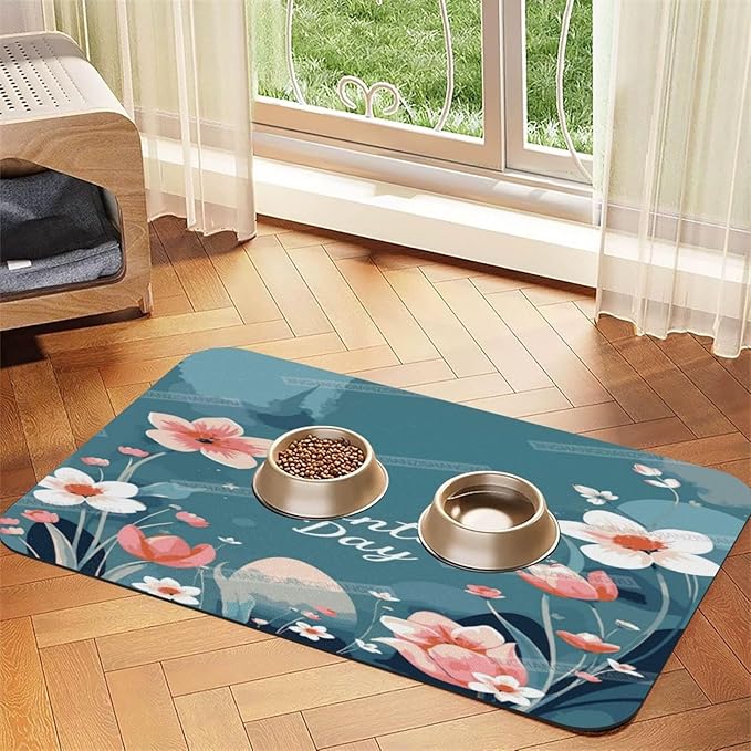 Dog Food Mat Dog Mat for Food and Water 24x16In Watercolor Happy Mother's Day Floral Gift Mom Co No Stains Cat Pet Feeding Mats Water Bowl for Messy Drinkers