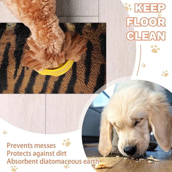 Brown Leopard Dog Food Mat for Floors Absorbent Dog Bowl Mat for Food and Water Dispenser Quick Dry Cat Food Placemat Pet Supplies 16" x 24", Black Brown Wildlife