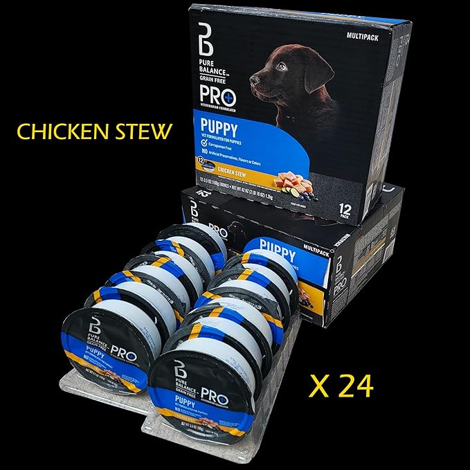 Puppy Wet Food Kit. Pure Balance Pro+ Chicken Stew Wet Dog Food for Puppies, Grain Free, 3.5 oz Cups (24 Pack) NANDOG Plush Toy