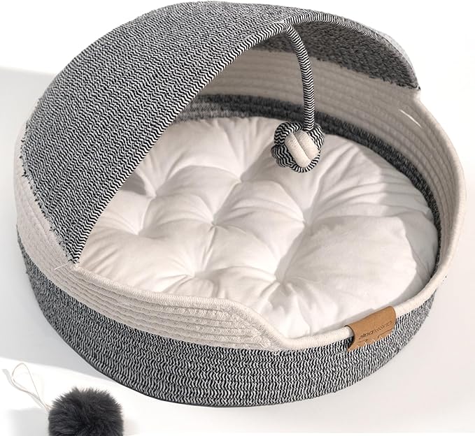 CHEERPALS Cat Basket Bed for Indoor Cats, Covered Pet Bed with Washable Cushion and Ball Rope Cotton Bed for Medium and Large Cat, All Season Universal(Blue)