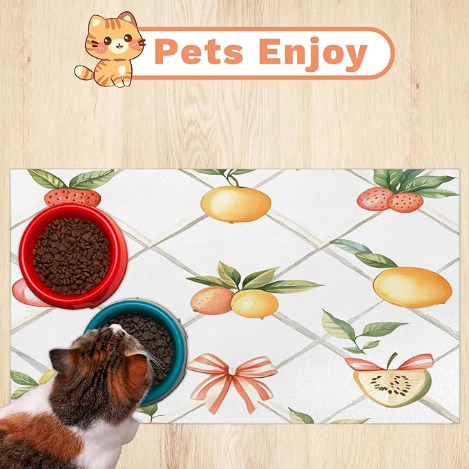 Cute Bow Dog Food Mat for Floors Absorbent Dog Bowl Mat for Food and Water Dispenser Quick Dry Cat Food Placemat Pet Supplies 24" x 32", Bow Lemon Strawberry