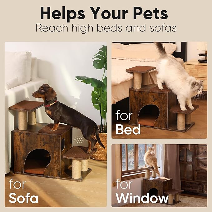 FUKUMARU 3-in-1 Pet Stairs, Retro-style Dog Steps for Cats and Small Dogs, Wooden Cat Stairs for High Bed with Scratching Post, Dog Ramp for Couch with Cat Condo Cave, Easy to Clean & Aesthetic Design