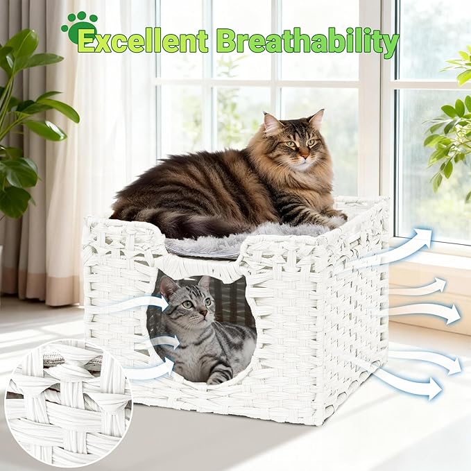 Handwoven Rattan Cat Cave w/Two Cushions, Cat Beds Indoor Kitten House, Waterproof & Foldable Pet Cube Bed, White, 16.5”L x 16.5”W x 12.6”H