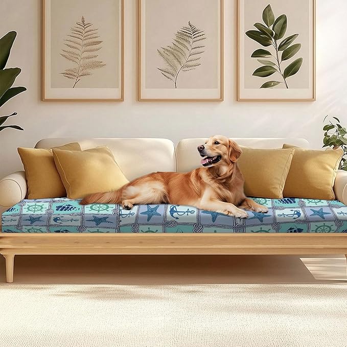 HANDONTIME 8Pcs Outdoor Patio Cushion Covers Anchor Starfish Stretch Couch Cushion Cover Patio Couch Slipcover for Outdoor/Indoor Washable Non-Slip Furniture Protector for Pets (Oceans,Cover Only)