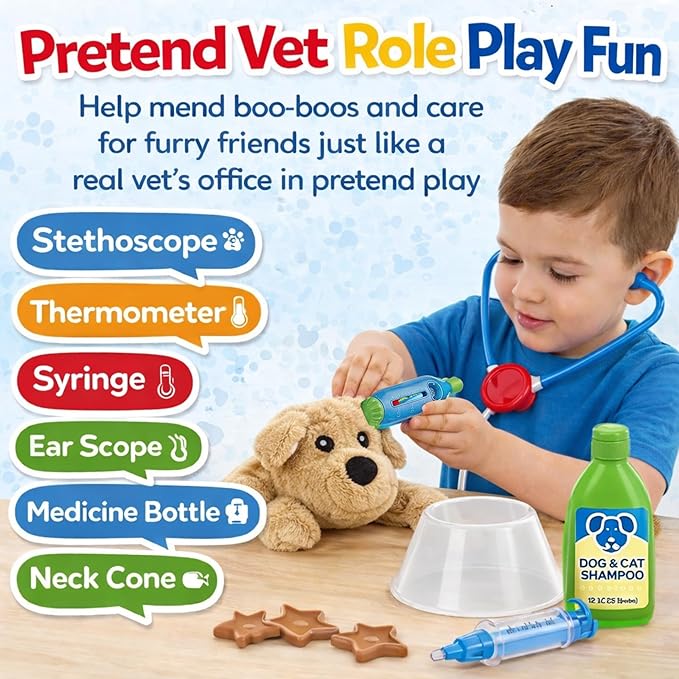 34-Piece Kids Pretend Vet Playset, Veterinarian Role Play Doctor Toy Kit with Plush Dog & Cat, Pet Care Grooming Set with Carrier & Medical Tools