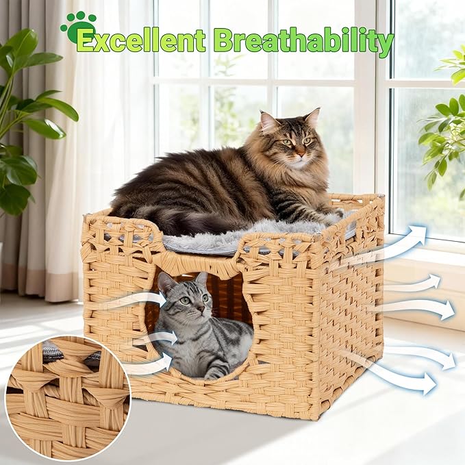 Handwoven Rattan Cat Cave w/Two Cushions, Cat Beds Indoor Kitten House, Wateproof & Foldable Pet Cube Bed, Natural Color, 16.5”L x 16.5”W x 12.6”H