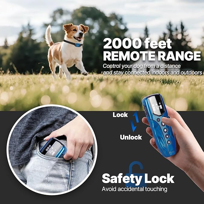 Lightest No Shock Dog Training Collar with 2000ft Remote,Tiniest Vibrating Dog Collar,Vibration Collar for Small Dogs 5-15lbs & Medium Large Dogs, Safe Lock, Beep, Vibrate, No Prongs, Waterproof,Blue