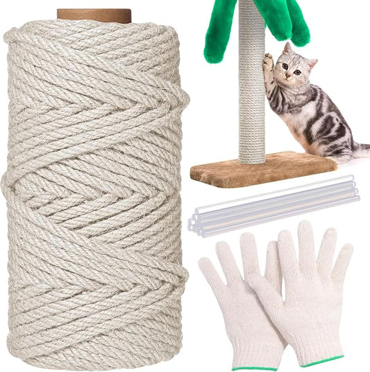 1/4inch ×164Ft Natural Cat Tree Hemp Rope, DIY Repair and Replace Scratching Post Sisal Rope for Scratching Post Cat Tree Tower DIY (White)