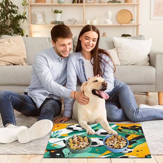 Sports Soccer Dog Food Mat for Floors Absorbent, Quick Dry Water Dispenser Mat for Food, Water, Pet Supplies 12" x 20", Football Theme