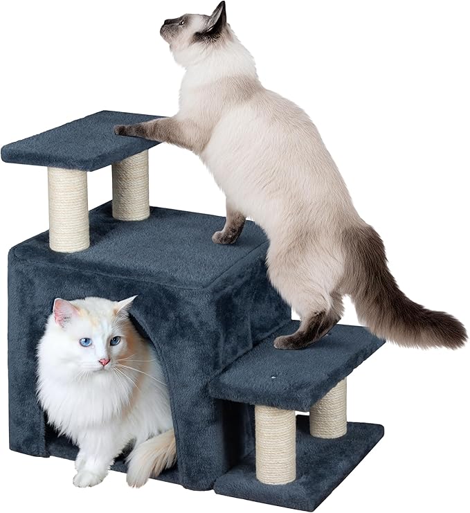 Dog Stairs & Cat Scratching Post, 19.5'' Tall Pet Steps with Condo, Transformable Ramp Holds up to 200 lbs, Indoor Cat Ladder for High Bed, Soft Plush, 3 Steps, 3 Options, Blue Medium