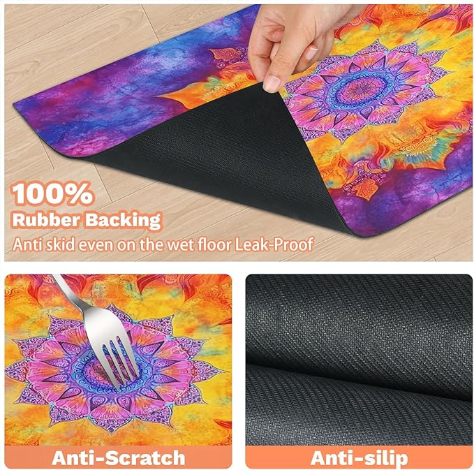 Tie Dye Dog Food Mat for Floors Absorbent, Quick Dry Water Dispenser Mat for Food, Water, Pet Supplies 17" x 30", Hippie Mandala